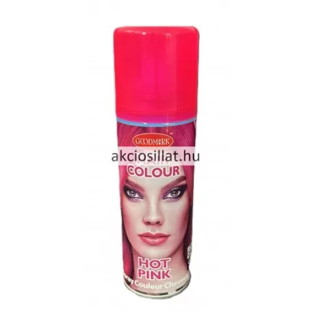 Goodmark Hot Pink 125ml-es hajszínező spray álló hengeres fémdobozban melynek előlapján egy élénk rózsaszín hajú sminkelt női arc látható felette fehér betűs HAIR COLOUR felirattal alul pedig HOT PINK felirattal a flakon tetején egy ugyanolyan vibráló neonrózsaszín áttetsző műanyag kupak helyezkedik el