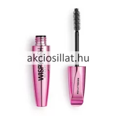 A Revolution Wispy Lash Feather Effect Mascara Szempillaspirál 8g.jpg képen a fémesen csillogó, rózsaszín tubusú szempillaspirál látható kitekert állapotban, mellette a sűrű, fekete sörtefejjel ellátott keféjéve