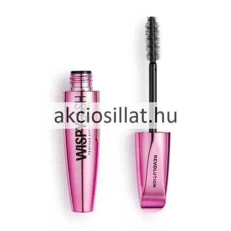 A Revolution Wispy Lash Feather Effect Mascara Szempillaspirál 8g.jpg képen a fémesen csillogó, rózsaszín tubusú szempillaspirál látható kitekert állapotban, mellette a sűrű, fekete sörtefejjel ellátott keféjéve