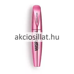 A Revolution Wispy Lash Feather Effect Mascara Szempillaspirál 8g.jpg képen a fémesen csillogó, rózsaszín tubusú szempillaspirál látható kitekert állapotban, mellette a sűrű, fekete sörtefejjel ellátott keféjéve