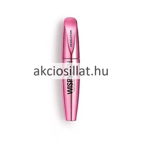 A Revolution Wispy Lash Feather Effect Mascara Szempillaspirál 8g.jpg képen a fémesen csillogó, rózsaszín tubusú szempillaspirál látható kitekert állapotban, mellette a sűrű, fekete sörtefejjel ellátott keféjéve