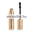 Revolution Pro Faux Effect Lash Wide Eye Mascara 8ml-es szempillaspirál kinyitott állapotban arany színű leopárdmintás hengeres tubussal fekete feliratokkal és mellette a kitekert fekete színű sűrű sörtéjű szempillaspirál kefe arany leopárdmintás nyéllel