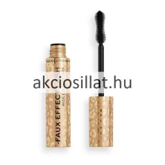 Revolution Pro Faux Effect Lash Wide Eye Mascara 8ml-es szempillaspirál kinyitott állapotban arany színű leopárdmintás hengeres tubussal fekete feliratokkal és mellette a kitekert fekete színű sűrű sörtéjű szempillaspirál kefe arany leopárdmintás nyéllel