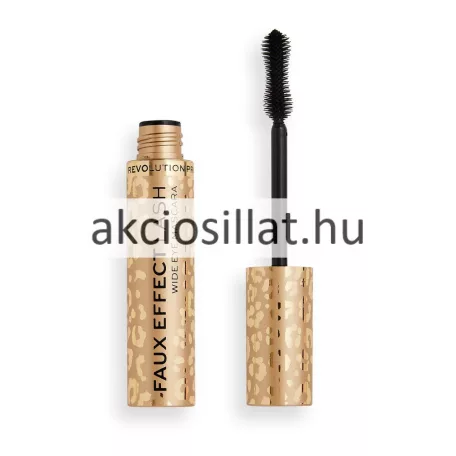Revolution Pro Faux Effect Lash Wide Eye Mascara 8ml-es szempillaspirál kinyitott állapotban arany színű leopárdmintás hengeres tubussal fekete feliratokkal és mellette a kitekert fekete színű sűrű sörtéjű szempillaspirál kefe arany leopárdmintás nyéllel