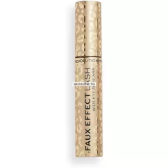 Revolution Pro Faux Effect Lash Wide Eye Mascara 8ml-es szempillaspirál kinyitott állapotban arany színű leopárdmintás hengeres tubussal fekete feliratokkal és mellette a kitekert fekete színű sűrű sörtéjű szempillaspirál kefe arany leopárdmintás nyéllel