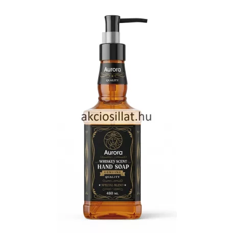Aurora Whiskey Scent folyekony szappan borostyan szinu folyadekkal, whiskey palackra emlekezteto dizajnal.
