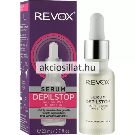 Revox Depilstop 20ml-es szőrnövekedés gátló szérum pipettás üvege és lila doboza.