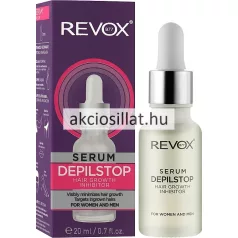Revox Depilstop 20ml-es szőrnövekedés gátló szérum pipettás üvege és lila doboza.