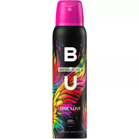B.U. One Love 150ml-es női hajtógázas dezodor spray romantikus, színes mintázatú flakonban.