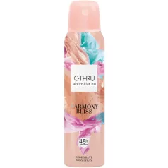 A C-Thru Harmony Bliss dezodor 150ml.jpg fotóján a női dezodor spray látható, amelyen a márkanév egy fehér négyzetben helyezkedik el az absztrakt színes mintás háttér előtt.