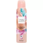 A C-Thru Harmony Bliss dezodor 150ml.jpg fotóján a női dezodor spray látható, amelyen a márkanév egy fehér négyzetben helyezkedik el az absztrakt színes mintás háttér előtt.