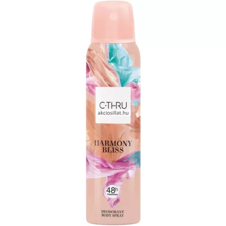 A C-Thru Harmony Bliss dezodor 150ml.jpg fotóján a női dezodor spray látható, amelyen a márkanév egy fehér négyzetben helyezkedik el az absztrakt színes mintás háttér előtt.