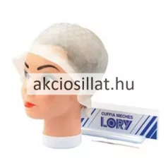 Sibel Lory melírkalap és melírtű termékfotó amely bal oldalon egy oldalra forduló mosolygós női arcot ábrázol a fejére szorosan rásimuló áttetsző gumi melírkalappal amin kis kerek domború perforációs pontok és akciosillat.hu felirat látható a kalap pereme széles és eláll az arctól jobb oldalon pedig egy függőlegesen elhelyezett formatervezett fekete műanyag nyelű és horgos végű melírtű látható fehér háttér előtt