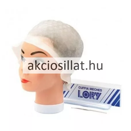 Sibel Lory melírkalap és melírtű termékfotó amely bal oldalon egy oldalra forduló mosolygós női arcot ábrázol a fejére szorosan rásimuló áttetsző gumi melírkalappal amin kis kerek domború perforációs pontok és akciosillat.hu felirat látható a kalap pereme széles és eláll az arctól jobb oldalon pedig egy függőlegesen elhelyezett formatervezett fekete műanyag nyelű és horgos végű melírtű látható fehér háttér előtt