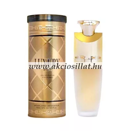 New Brand Luxury Woman 100ml-es női Eau de Parfum elegáns matt üvege arany kupakkal és a hozzá tartozó arany színű hengeres díszdoboz.