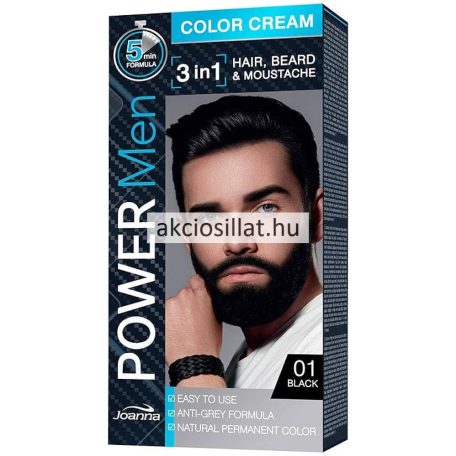 Joanna Power Men 3in1 Color Cream 01 Fekete Tartós Haj-, Szakáll- és Bajuszfesték 30g