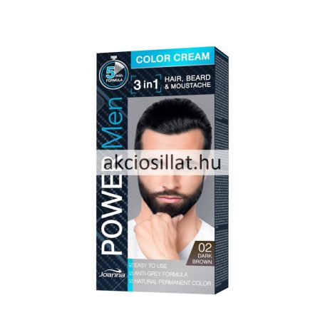 Joanna Power Men 3in1 Color Cream 02 Sötét Barna Tartós Haj-, Szakáll- és Bajuszfesték 30g