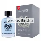 Chatler Inversus Men 100ml-es férfi parfüm átlátszó kerekített üvegben világoskék színű parfümmel rajta fekete kiterjesztett szárnyú sas logóval és feliratokkal valamint fekete kupakkal mellette egy hozzá tartozó matt szürke díszdoboz fehér sas grafikával