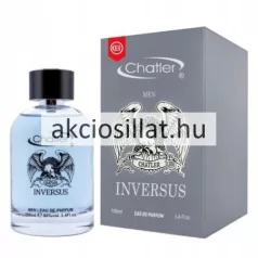 Chatler Inversus Men 100ml-es férfi parfüm átlátszó kerekített üvegben világoskék színű parfümmel rajta fekete kiterjesztett szárnyú sas logóval és feliratokkal valamint fekete kupakkal mellette egy hozzá tartozó matt szürke díszdoboz fehér sas grafikával