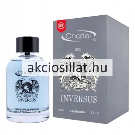 Chatler Inversus Men 100ml-es férfi parfüm átlátszó kerekített üvegben világoskék színű parfümmel rajta fekete kiterjesztett szárnyú sas logóval és feliratokkal valamint fekete kupakkal mellette egy hozzá tartozó matt szürke díszdoboz fehér sas grafikával
