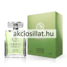 Chatler Veronic Versailles Woman 100ml-es női parfüm szögletes átlátszó üvegben világoszöld színű parfümmel rajta kör alakú női profil logóval és ezüst felirattal valamint egy szögletes átlátszó kupakkal mellette egy hozzá tartozó matt zöld színű doboz ezüst színű kör logóval
