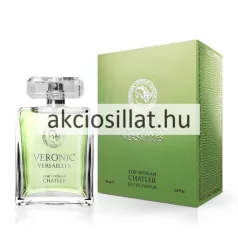 Chatler Veronic Versailles Woman 100ml-es női parfüm szögletes átlátszó üvegben világoszöld színű parfümmel rajta kör alakú női profil logóval és ezüst felirattal valamint egy szögletes átlátszó kupakkal mellette egy hozzá tartozó matt zöld színű doboz ezüst színű kör logóval
