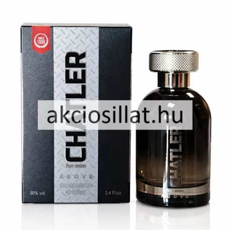 A Chatler Above for Men EDP 100ml.jpg fotón a férfi parfüm látható: egy letisztult, vastag talpú, hengeres üvegflakon, amelyben sötét, füstös-barna színű parfümfolyadék van nehéz, recézett ezüst színű kupakkal, az elején ezüst betűs Chatler Above felirattal, mellette pedig a hozzá passzoló fekete-ezüst színű gyári kartondoboz helyezkedik el.