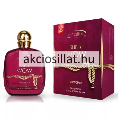 Chatler She Is Wow 100ml női Eau de Parfum mélybordó üvegben és hozzá tartozó dekoratív dobozban.