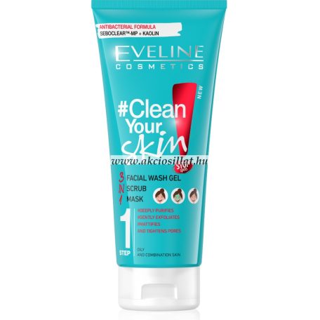 Eveline Clean Your Skin 3 az 1-ben antibakteriális arclemosó radír és maszk 200ml 