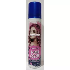 A Venita 1 Day Color 1 napos kimosható ammóniamentes hajszínező spray 50ml 8 Pink World.jpg fotón a kimosható hajszínező spray látható: egy keskeny, hengeres flakon fényes metálkék színű védőkupakkal, az elülső oldalán egy pink hajú, oldalra tekintő női arc fotójával, alatta fehér betűs venita és nagyméretű 1-DAY COLOR feliratokkal, valamint a legalsó részen lévő sötét alapon a fukszia színű 8-as számmal és a PINK WORLD színmegjelöléssel.