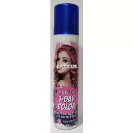 A Venita 1 Day Color 1 napos kimosható ammóniamentes hajszínező spray 50ml 8 Pink World.jpg fotón a kimosható hajszínező spray látható: egy keskeny, hengeres flakon fényes metálkék színű védőkupakkal, az elülső oldalán egy pink hajú, oldalra tekintő női arc fotójával, alatta fehér betűs venita és nagyméretű 1-DAY COLOR feliratokkal, valamint a legalsó részen lévő sötét alapon a fukszia színű 8-as számmal és a PINK WORLD színmegjelöléssel.
