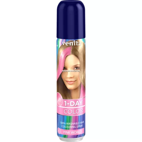 A Venita 1 Day Color 1 napos kimosható ammóniamentes hajszínező spray 50ml 8 Pink World.jpg fotón a kimosható hajszínező spray látható: egy keskeny, hengeres flakon fényes metálkék színű védőkupakkal, az elülső oldalán egy pink hajú, oldalra tekintő női arc fotójával, alatta fehér betűs venita és nagyméretű 1-DAY COLOR feliratokkal, valamint a legalsó részen lévő sötét alapon a fukszia színű 8-as számmal és a PINK WORLD színmegjelöléssel.