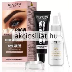 Revers Henna Oh! My Brow sötétbarna szempilla- és szemöldökfesték készlet doboza, aktivátorral és spatulával.