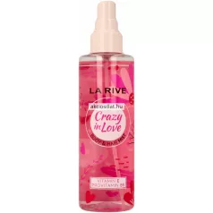 La Rive Crazy In Love 200ml-es női test- és hajpermet átlátszó flakonja élénkrózsaszín folyadékkal, szívecskés-virágos mintával és halványrózsaszín kupakkal.