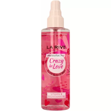 La Rive Crazy In Love 200ml-es női test- és hajpermet átlátszó flakonja élénkrózsaszín folyadékkal, szívecskés-virágos mintával és halványrózsaszín kupakkal.