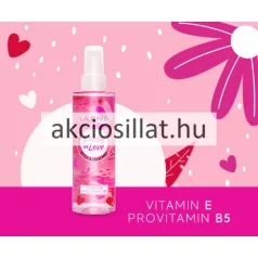 La Rive Crazy In Love 200ml-es női test- és hajpermet átlátszó flakonja élénkrózsaszín folyadékkal, szívecskés-virágos mintával és halványrózsaszín kupakkal.