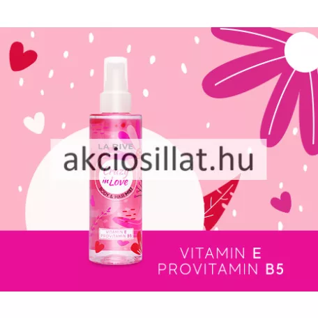 La Rive Crazy In Love 200ml-es női test- és hajpermet átlátszó flakonja élénkrózsaszín folyadékkal, szívecskés-virágos mintával és halványrózsaszín kupakkal.