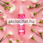 La Rive Crazy In Love 200ml-es női test- és hajpermet átlátszó flakonja élénkrózsaszín folyadékkal, szívecskés-virágos mintával és halványrózsaszín kupakkal.