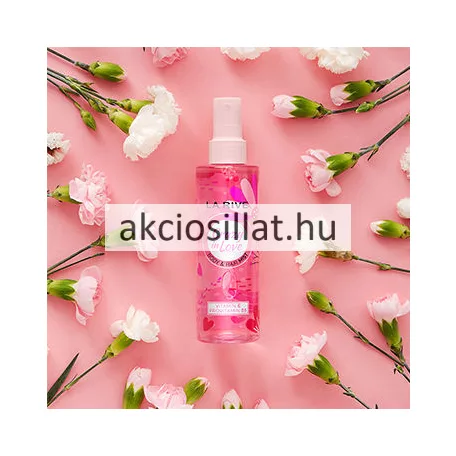 La Rive Crazy In Love 200ml-es női test- és hajpermet átlátszó flakonja élénkrózsaszín folyadékkal, szívecskés-virágos mintával és halványrózsaszín kupakkal.