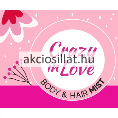 La Rive Crazy In Love 200ml-es női test- és hajpermet átlátszó flakonja élénkrózsaszín folyadékkal, szívecskés-virágos mintával és halványrózsaszín kupakkal.