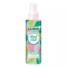 La Rive Mind Chill 200ml-es vegán test- és hajpermet zöld és rózsaszín pálmaleveles mintájú flakonja halványrózsaszín porlasztófejjel és átlátszó kupakkal.