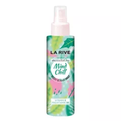 La Rive Mind Chill 200ml-es vegán test- és hajpermet zöld és rózsaszín pálmaleveles mintájú flakonja halványrózsaszín porlasztófejjel és átlátszó kupakkal.