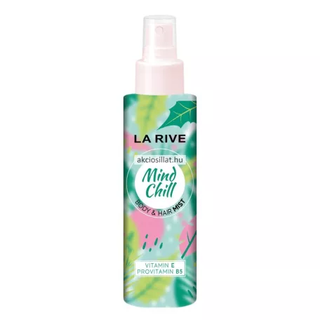 La Rive Mind Chill 200ml-es vegán test- és hajpermet zöld és rózsaszín pálmaleveles mintájú flakonja halványrózsaszín porlasztófejjel és átlátszó kupakkal.