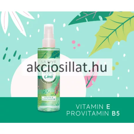 La Rive Mind Chill 200ml-es vegán test- és hajpermet zöld és rózsaszín pálmaleveles mintájú flakonja halványrózsaszín porlasztófejjel és átlátszó kupakkal.
