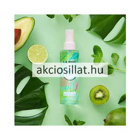 La Rive Mind Chill 200ml-es vegán test- és hajpermet zöld és rózsaszín pálmaleveles mintájú flakonja halványrózsaszín porlasztófejjel és átlátszó kupakkal.