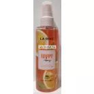 La Rive Happy Vibes 200ml-es vegán test- és hajpermet magas, átlátszó flakonja narancssárga illatfolyadékkal, citrus grafikával és áttetsző műanyag kupakkal.
