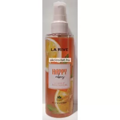 La Rive Happy Vibes 200ml-es vegán test- és hajpermet magas, átlátszó flakonja narancssárga illatfolyadékkal, citrus grafikával és áttetsző műanyag kupakkal.