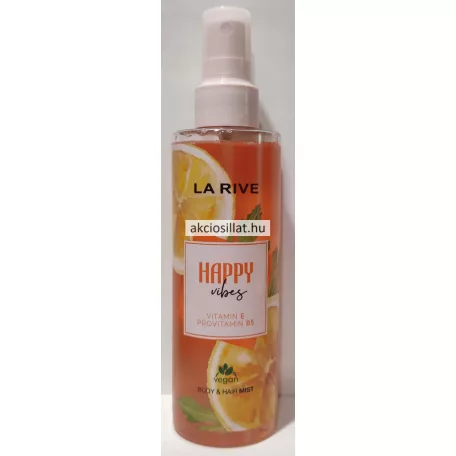 La Rive Happy Vibes 200ml-es vegán test- és hajpermet magas, átlátszó flakonja narancssárga illatfolyadékkal, citrus grafikával és áttetsző műanyag kupakkal.