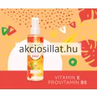 La Rive Happy Vibes 200ml-es vegán test- és hajpermet magas, átlátszó flakonja narancssárga illatfolyadékkal, citrus grafikával és áttetsző műanyag kupakkal.