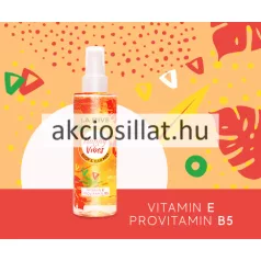 La Rive Happy Vibes 200ml-es vegán test- és hajpermet magas, átlátszó flakonja narancssárga illatfolyadékkal, citrus grafikával és áttetsző műanyag kupakkal.